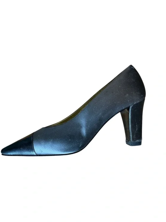 Vintage Chanel Satin Block Heel Leather Cap Toe Pumps - Picture 6 of 9